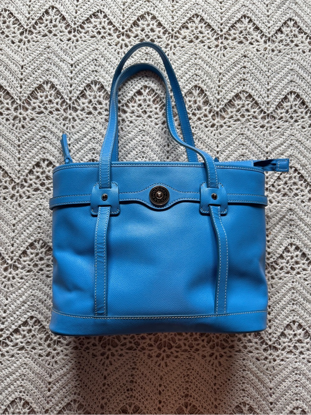 Y2K Dooney & Bourke Sky Blue Logo Lock Tote Pebble Leather Key Chain ShoulderBag